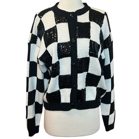 Vintage 80s Studio Michelle Stuart Black White Checkered Sequin Cardigan size M - Picture 1 of 15